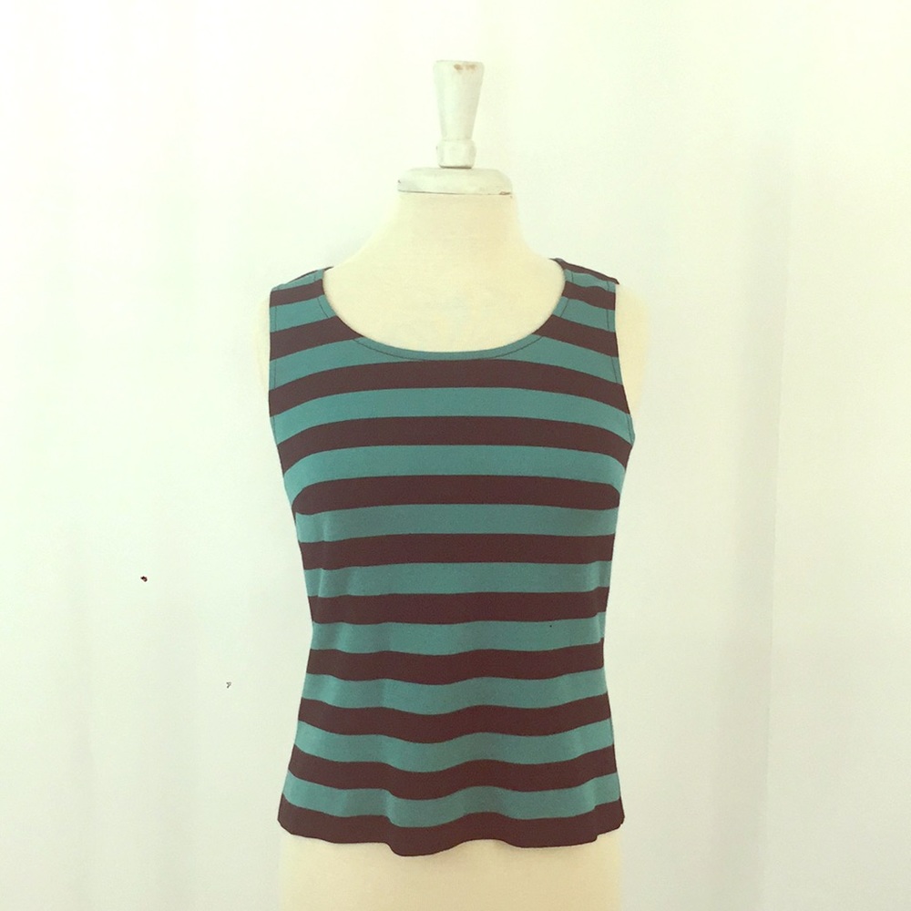 {St. John} Black & Teal Striped Knit Tank Top